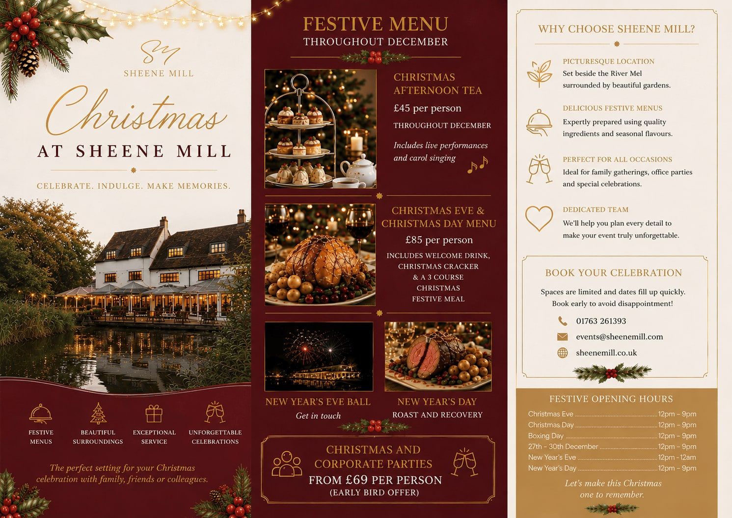 Christmas at Sheene Mill 2026 festive menu. Christmas afternoon tea £45 per person throughout December including live performances and carol singing. Christmas Eve and Christmas Day menu £85 per person including a welcome drink, Christmas cracker and a three course festive meal. New Year's Eve ball and New Year's Day roast and recovery. Christmas and corporate parties from £69 per person on the early bird offer.