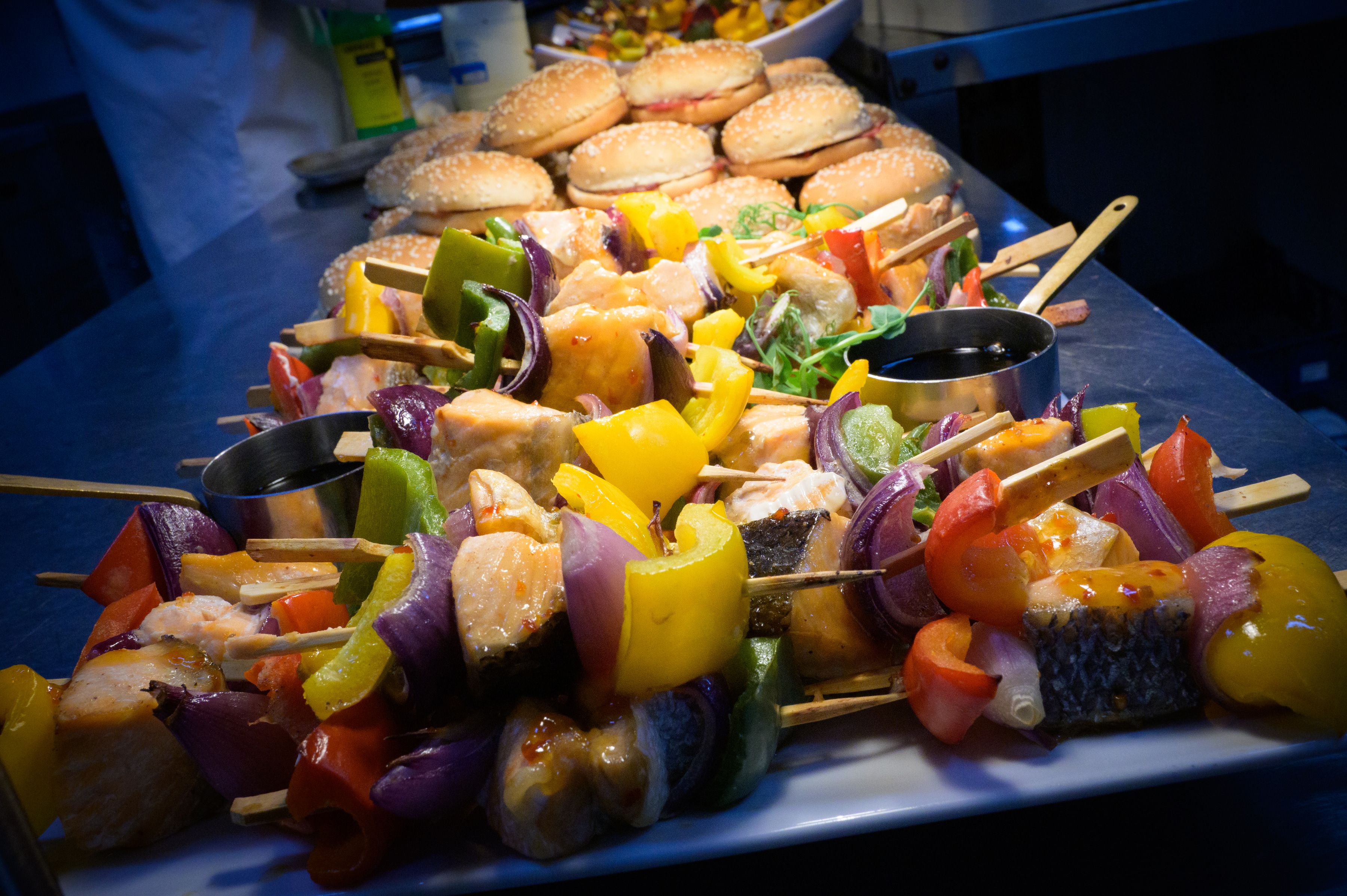 Grilled vegetable skewers and burgers from the evening barbecue at a Sheene Mill wedding